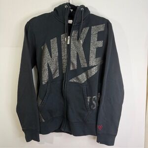 Nike Full Zip Hoodie Charcoal Gray Metallic Big Logo Heart Detail Women's Medium